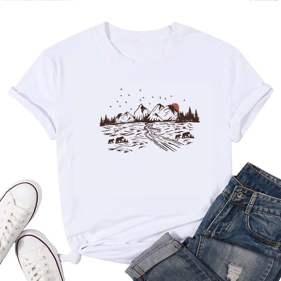 Women's T-Shirt Mountain Silhouette Tee Funny Graphic T-Shirt Soft Cotton Casual Short Sleeve Top