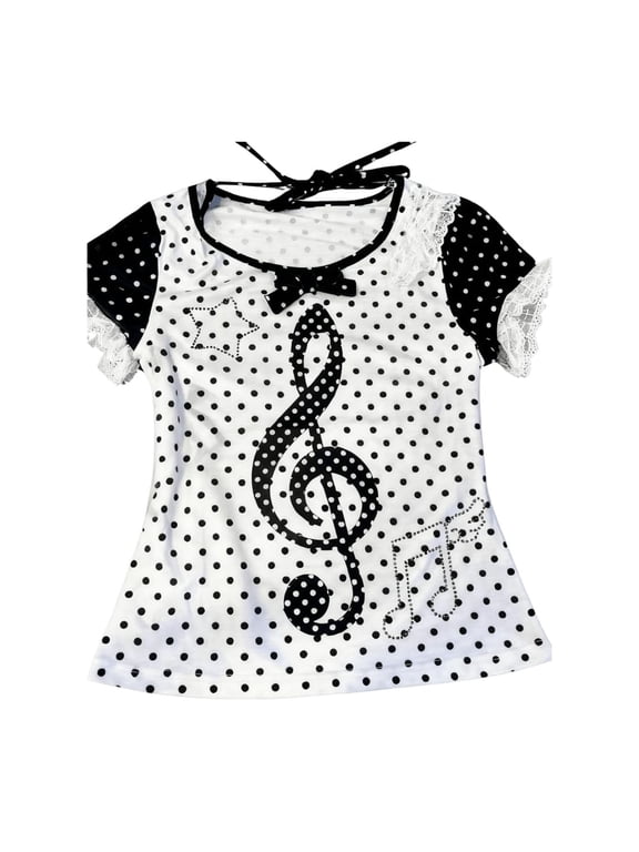Women's T-Shirt Music Note Polka-Dot Graphic Crew Neck Short Sleeve Graphic Tees Harajuku Y2K Casual Top