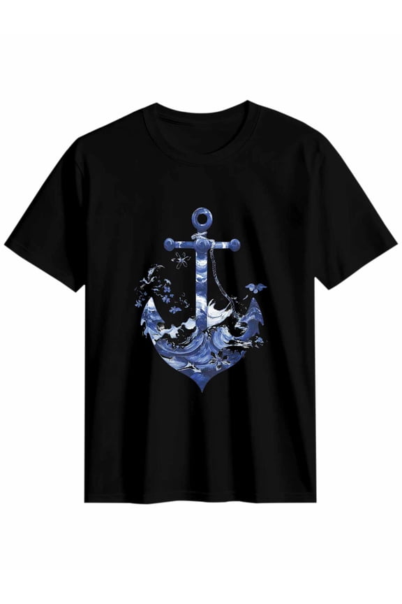 Women's T-Shirt Nautical Anchor Waves Short Sleeve Casual Tee Classic Crew Neck T Shirt for Women Black, XL