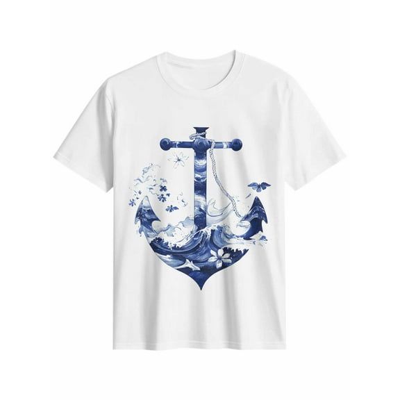 Women's T-Shirt Nautical Anchor Waves Short Sleeve Casual Tee Classic Crew Neck T Shirt for Women White, XL