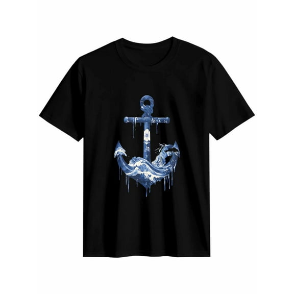 Women's T-Shirt Nautical Waves Anchor Short Sleeve Casual Tee Classic Crew Neck T Shirt for Women Black, 3XL