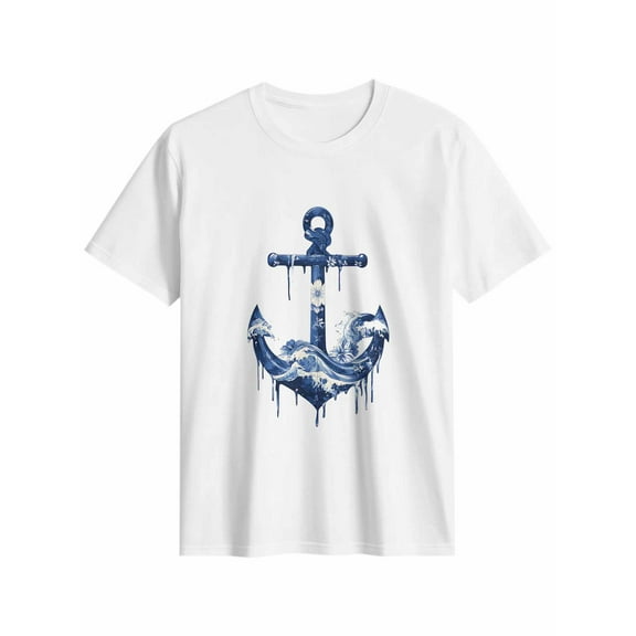 Women's T-Shirt Nautical Waves Anchor Short Sleeve Casual Tee Classic Crew Neck T Shirt for Women White, XL