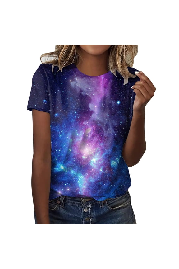 Women's T Shirt Night Sky Print O Neck Short Sleeve Casual Loose Basic Tee Soft Comfy Vacation Outdoor T Shirt