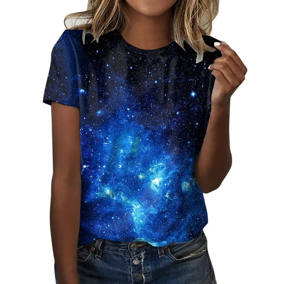 Women's T Shirt Night Sky Print O Neck Short Sleeve Casual Loose Basic Tee Soft Comfy Vacation Outdoor T Shirt