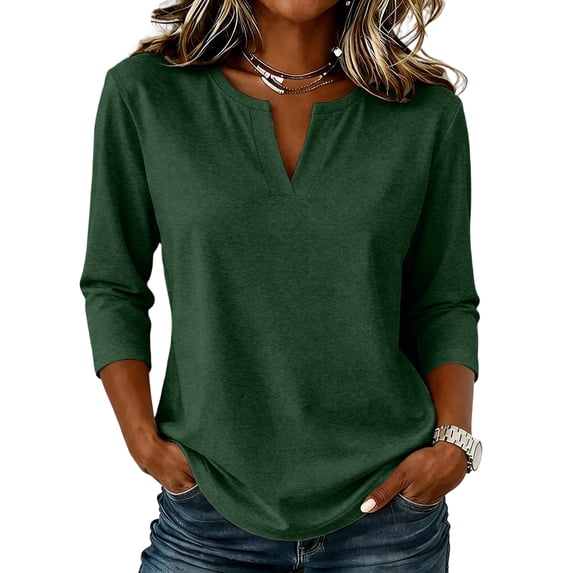 Women's T-Shirt Notch Neck 3/4 Sleeve Solid Color Casual Pullover Basic Comfortable Relaxed Fit Fall Top