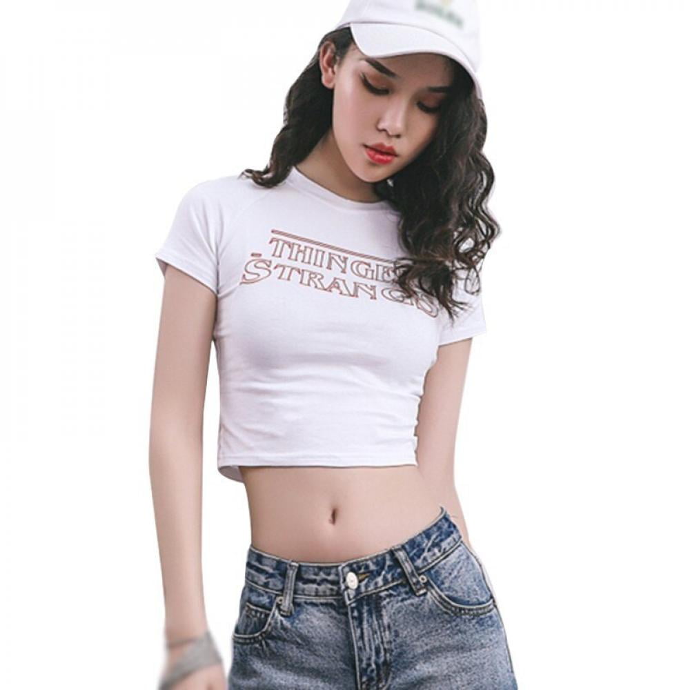NO BRA CLUB Funny Letter Print Fashion Cotton O-Neck Personalized Exposed  Umbilical Women's Short T-shirt