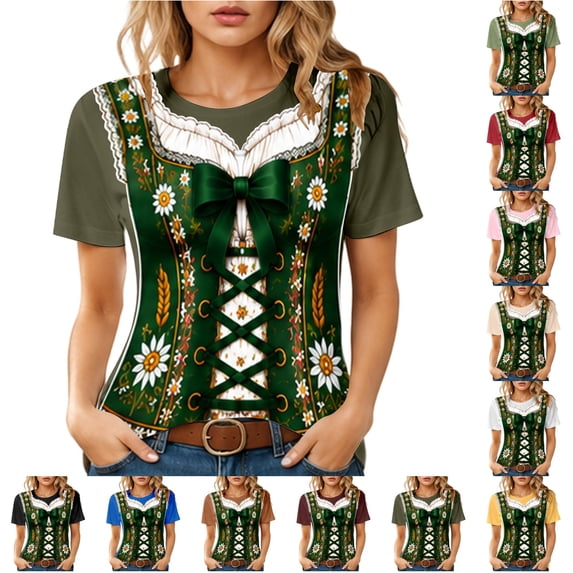 Women's T-Shirt Oktoberfest Green Daisy Corset Graphic Crew Neck Short Sleeve Tee Bohemian Party Top