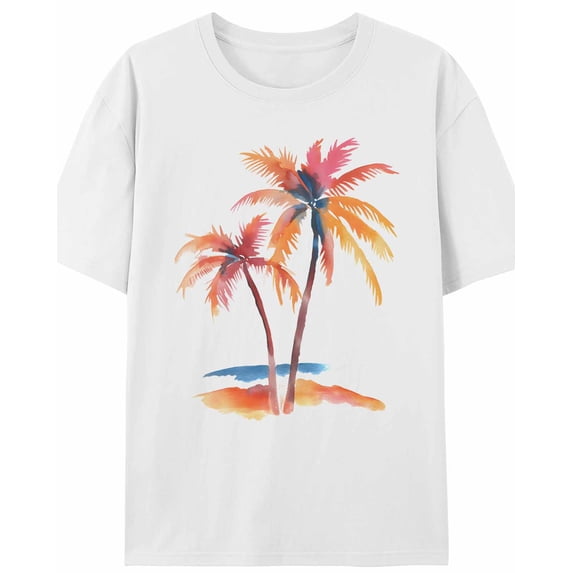 Women's T-Shirt Orange Summer Palm Trees Beach Short Sleeve Casual Tee Classic Crew Neck T Shirt for Women White, L