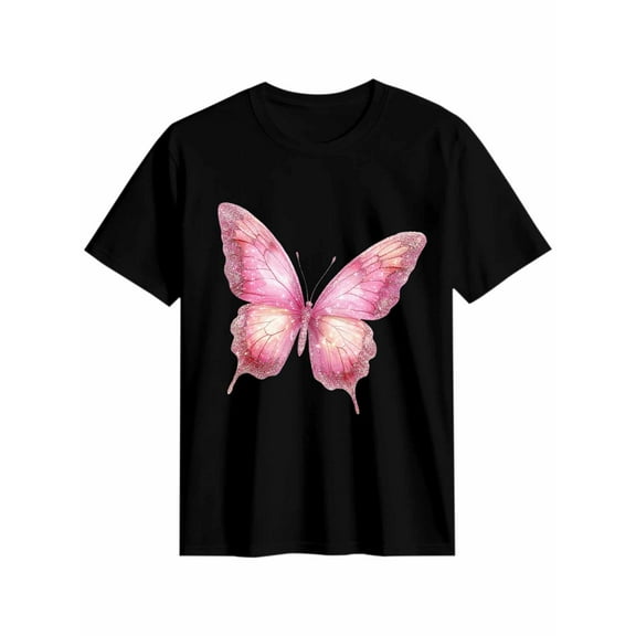 Women's T-Shirt Pink Butterfly Short Sleeve Casual Tee Classic Crew Neck T Shirt for Women Black, 3XL