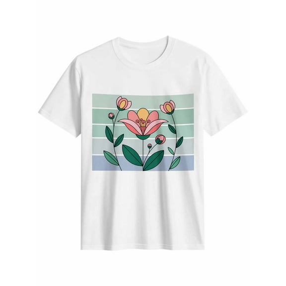 Women's T-Shirt Pink Flowers Minimalist Art Gradient Stripes Short Sleeve Casual Tee Classic Crew Neck T Shirt for Women White, 3XL