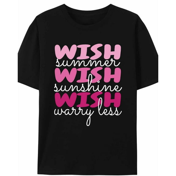 Women's T-Shirt Pink Gradient Text WISH Short Sleeve Casual Tee Classic Crew Neck T Shirt for Women Black, M