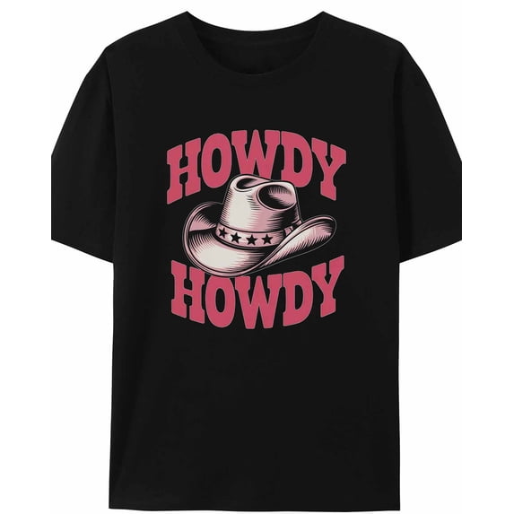 Women's T-Shirt Pink Howdy Western Cowboy Hat Short Sleeve Casual Tee Classic Crew Neck T Shirt for Women Black, L