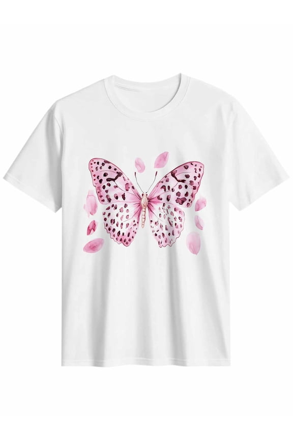 Women's T-Shirt Pink Leopard Print Bow Short Sleeve Casual Tee Classic Crew Neck T Shirt for Women White, M