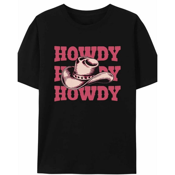 Women's T-Shirt Pink Western Cowboy Hat Howdy Short Sleeve Casual Tee Classic Crew Neck T Shirt for Women Black, S