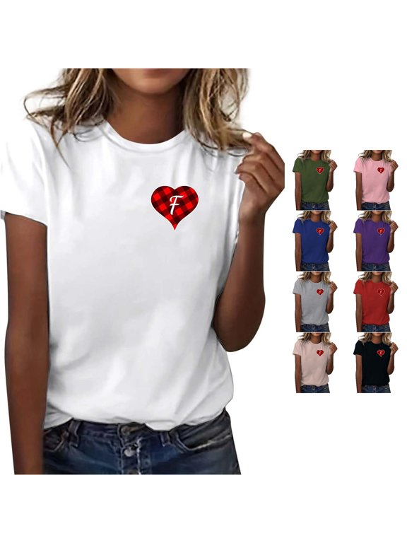 Women's T-Shirt Plaid Heart Letter F Mini Graphic Crew Neck Short Sleeve Tee Sweet Basic Top