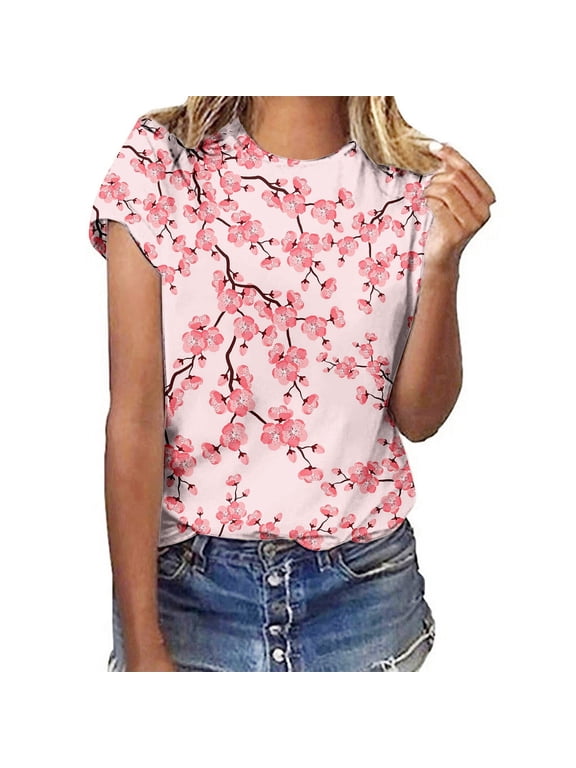 Women's T-Shirt Plum Blossom Floral Print Crew Neck Short Sleeve Tee Cottagecore Vacation Blouse Top