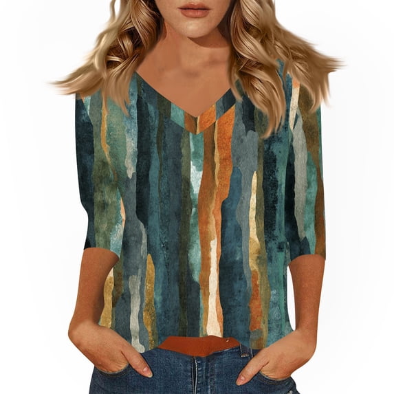 Women's T Shirt Print 3/4 Sleeve Daily Weekend Fashion Basic V- Neck Regular Top Dark Green L