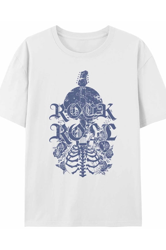 Women's T-Shirt ROCK ROLL Blue Retro Skull Guitar Rose Short Sleeve Casual Tee Classic Crew Neck T Shirt for Women White, 2XL