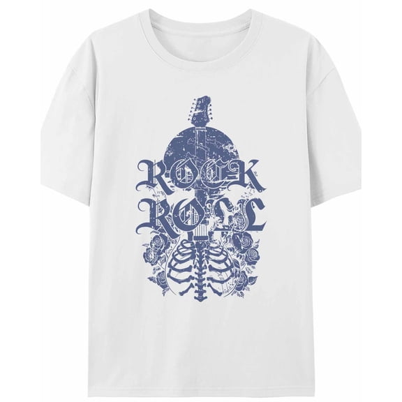 Women's T-Shirt ROCK ROLL Blue Retro Skull Guitar Rose Short Sleeve Casual Tee Classic Crew Neck T Shirt for Women White, M