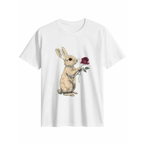 Women's T-Shirt Rabbit Rose Short Sleeve Casual Tee Classic Crew Neck T Shirt for Women White, M