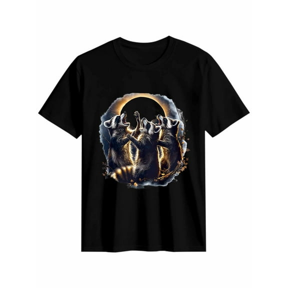 Women's T-Shirt Raccoon Moon Animal Short Sleeve Casual Tee Classic Crew Neck T Shirt for Women Black, L