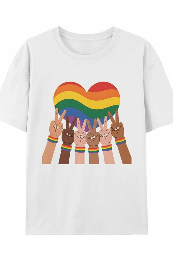 Women's T-Shirt Rainbow Striped Heart Scissorhands Short Sleeve Casual Tee Classic Crew Neck T Shirt for Women White, L