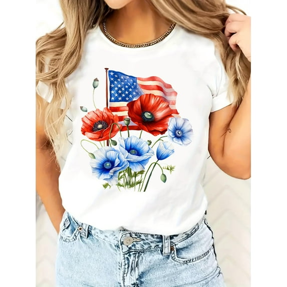 Women's T-Shirt With Red & Blue Flowers And American Flag Print, Casual Round Neck Short Sleeve Tee, Fashionable Summer Top For Independence Day, Casual Sporty Tee, Summer Gifts