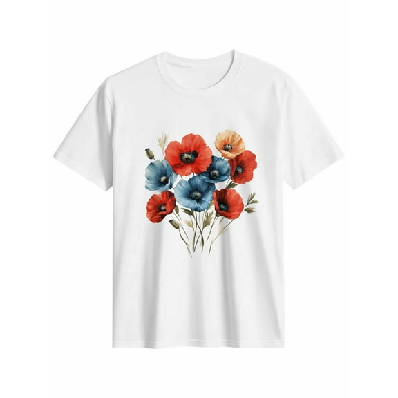 Women's T-Shirt Red Blue Poppy Floral Short Sleeve Casual Tee Classic Crew Neck T Shirt for Women White, M