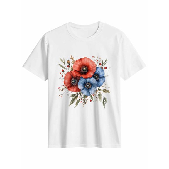 Women's T-Shirt Red Blue Poppy Short Sleeve Casual Tee Classic Crew Neck T Shirt for Women White, XL