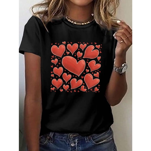 Women's T-Shirt, Red Heart Graphic Tees, Casual Short Sleeve Tops, Crew Neck Tee Shirt, Spring Summer Apparel，Fashion，cotton，black，S-5XL