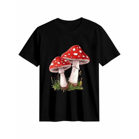 Women's T-Shirt Red Mushroom Short Sleeve Casual Tee Classic Crew Neck T Shirt for Women Black, 2XL
