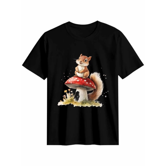 Women's T-Shirt Red Mushroom Watercolor Cute Squirrel Short Sleeve Casual Tee Classic Crew Neck T Shirt for Women Black, 3XL