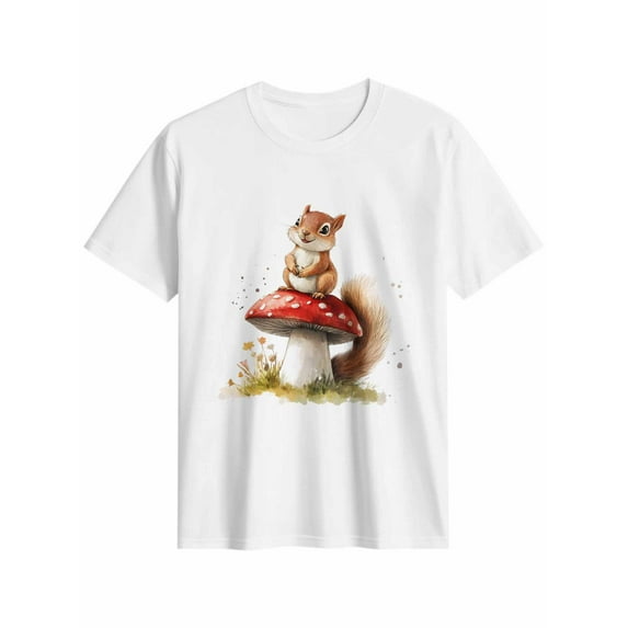 Women's T-Shirt Red Mushroom Watercolor Cute Squirrel Short Sleeve Casual Tee Classic Crew Neck T Shirt for Women White, 2XL