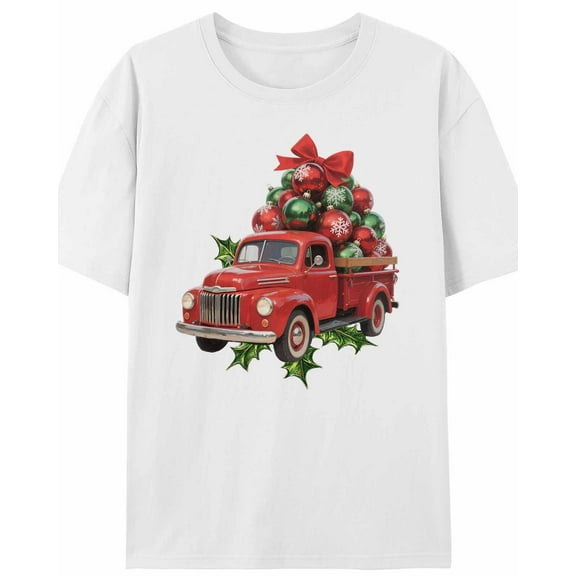 Women's T-Shirt Red Vintage Truck Christmas Balls Holly Leaf Short Sleeve Casual Tee Classic Crew Neck T Shirt for Women White, L
