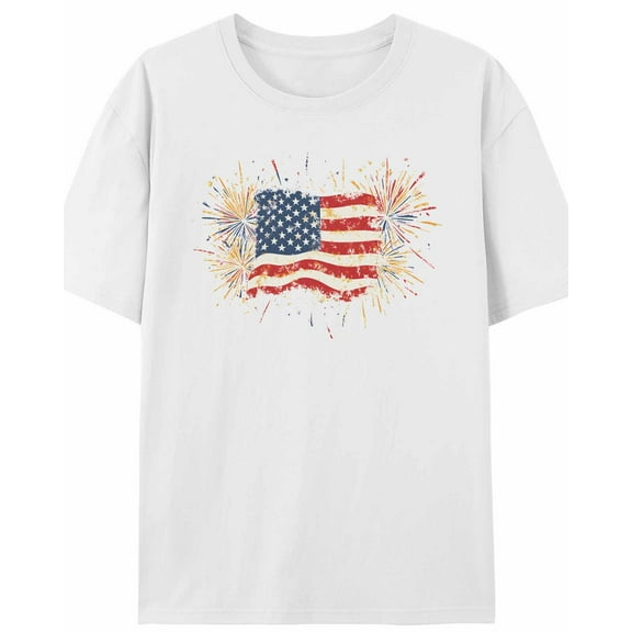 Women's T-Shirt Retro American Flag Sparkle Patriotic Short Sleeve Casual Tee Classic Crew Neck T Shirt for Women White, 2XL