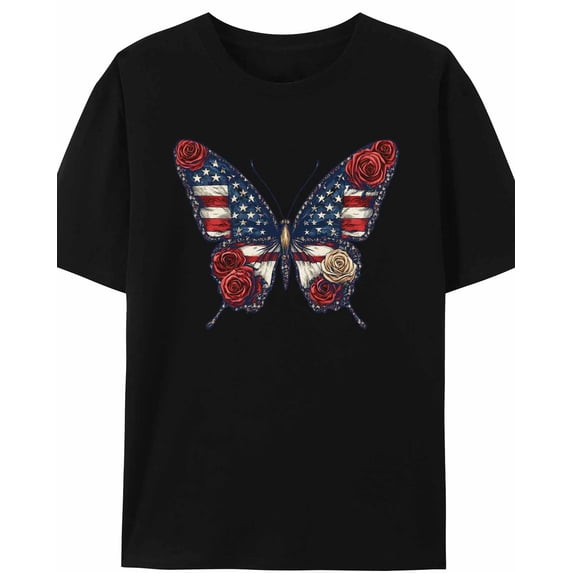 Women's T-Shirt Retro Blue Red Butterfly American Flag Roses Short Sleeve Casual Tee Classic Crew Neck T Shirt for Women Black, 3XL