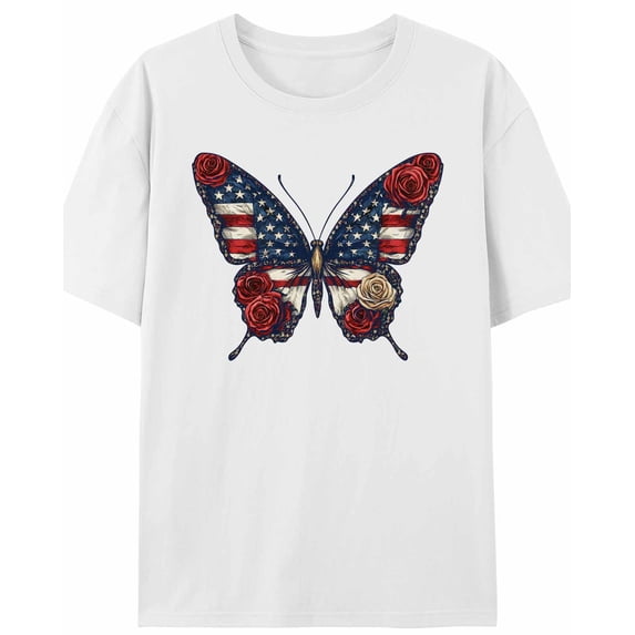 Women's T-Shirt Retro Blue Red Butterfly American Flag Roses Short Sleeve Casual Tee Classic Crew Neck T Shirt for Women White, S