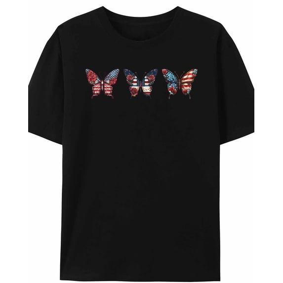 Women's T-Shirt Retro Butterfly American Flag Stripes Stars Roses Short Sleeve Casual Tee Classic Crew Neck T Shirt for Women Black, 4XL