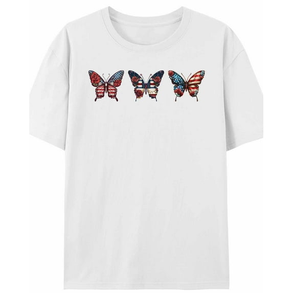 Women's T-Shirt Retro Butterfly American Flag Stripes Stars Roses Short Sleeve Casual Tee Classic Crew Neck T Shirt for Women White, 2XL