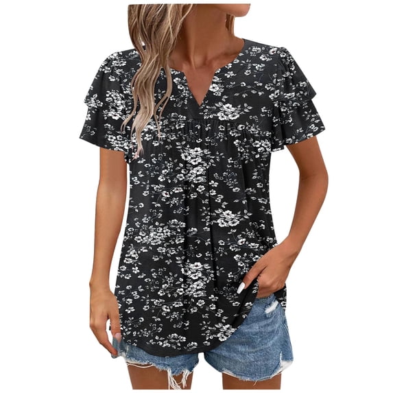 Women's T-Shirt Retro Ruffle Short Sleeve Shirts Funny Tees Vintage Floral Printed Blouses Festival Party Tops V Neck Plus Size Top Casual Loose Pullover Top