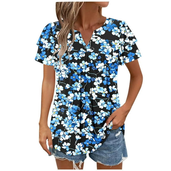 Women's T-Shirt Retro Ruffle Short Sleeve Shirts Funny Tees Vintage Floral Printed Blouses Festival Party Tops V Neck Plus Size Top Casual Loose Pullover Top