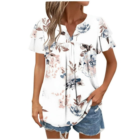 Women's T-Shirt Retro Ruffle Short Sleeve Shirts Funny Tees Vintage Floral Printed Blouses Festival Party Tops V Neck Plus Size Top Casual Loose Pullover Top