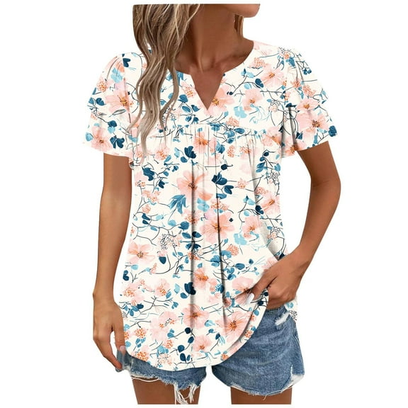Women's T-Shirt Retro Ruffle Short Sleeve Shirts Funny Tees Vintage Floral Printed Blouses Festival Party Tops V Neck Plus Size Top Casual Loose Pullover Top