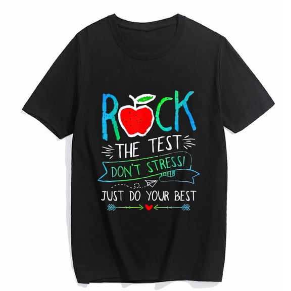Women's T-Shirt Rock The Test Teacher Testing Day Rainbow Teacher Casual Short Sleeve Top Black 2X-Large