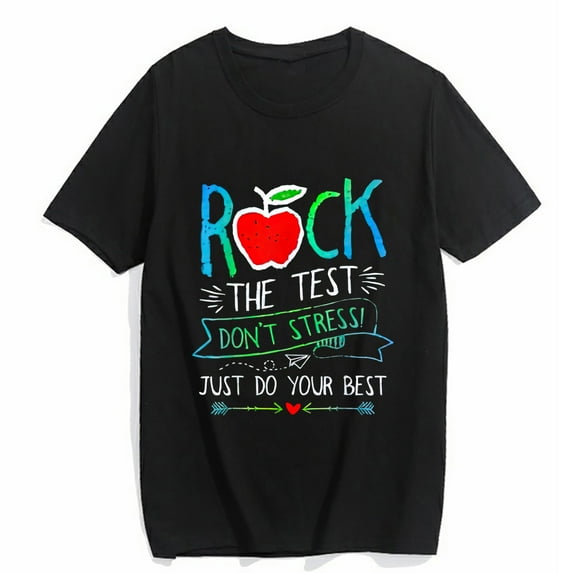 Women's T-Shirt Rock The Test Teacher Testing Day Rainbow Teacher Casual Short Sleeve Top Black Small
