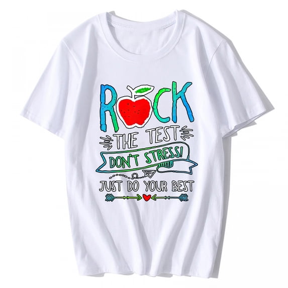 Women's T-Shirt Rock The Test Teacher Testing Day Rainbow Teacher Casual Short Sleeve Top White Small
