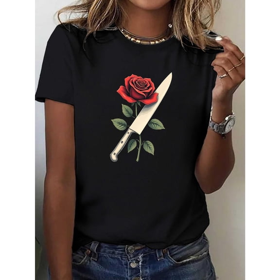 Women's T-Shirt,Rose Chef Knife Contrast Graphic Tees,Soft Comfort Fit Tops,Round neck,Funny,cotton,black,S-5XL