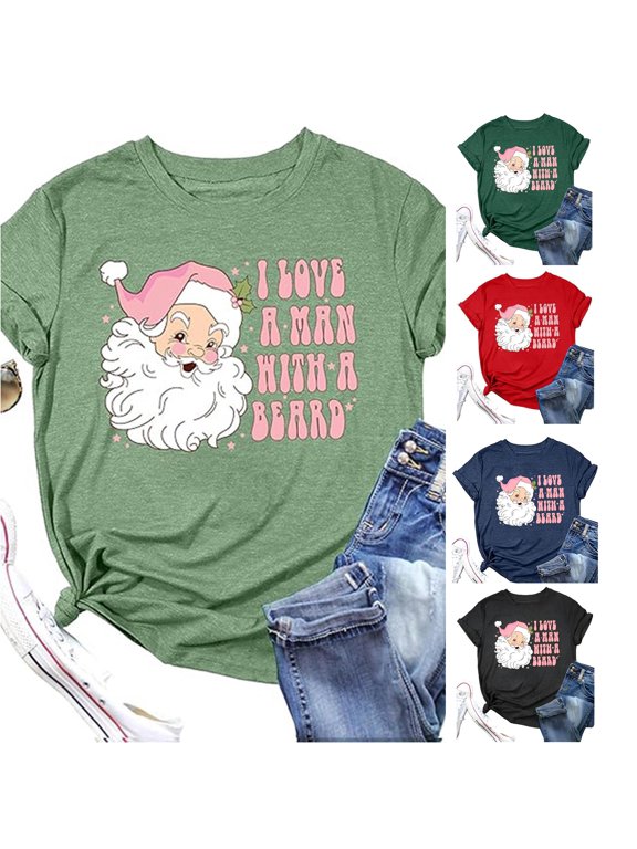 Women's T-Shirt Santa Cartoon Letter Graphic Detail Crew Neck Short Sleeve Tee Christmas Holiday Style Top