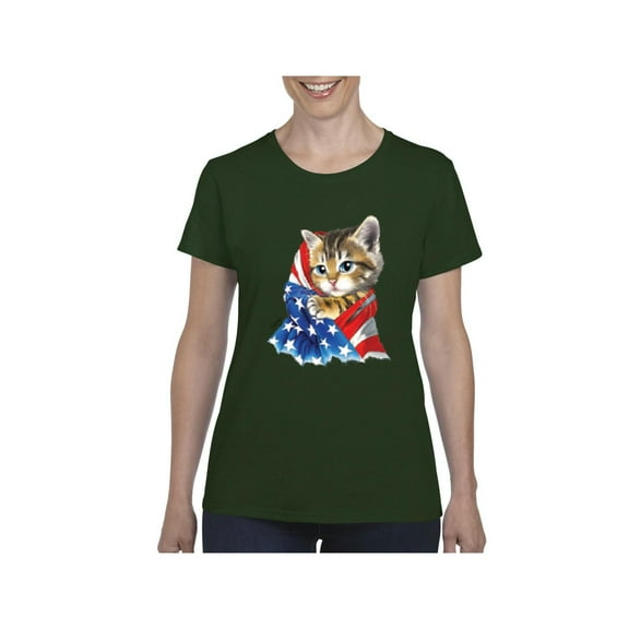 Women's T-Shirt Short Sleeve - American Flag 4th of July Kitty