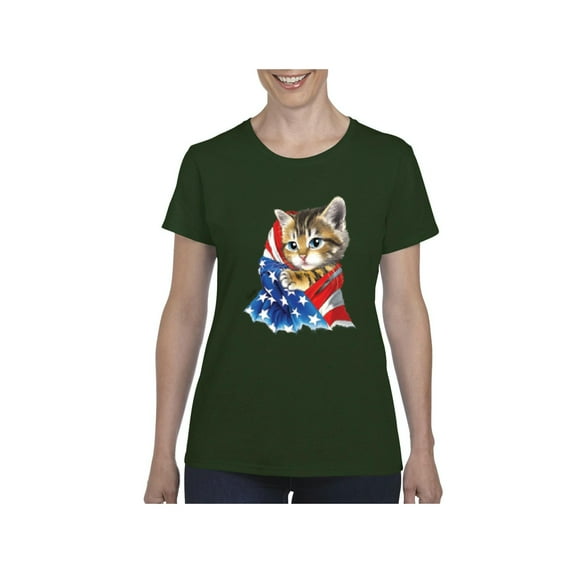 Women's T-Shirt Short Sleeve - American Flag 4th of July Kitty